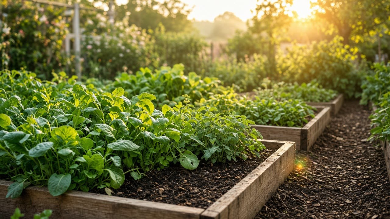 Wooden raised garden beds filled with leafy greens in warm evening light